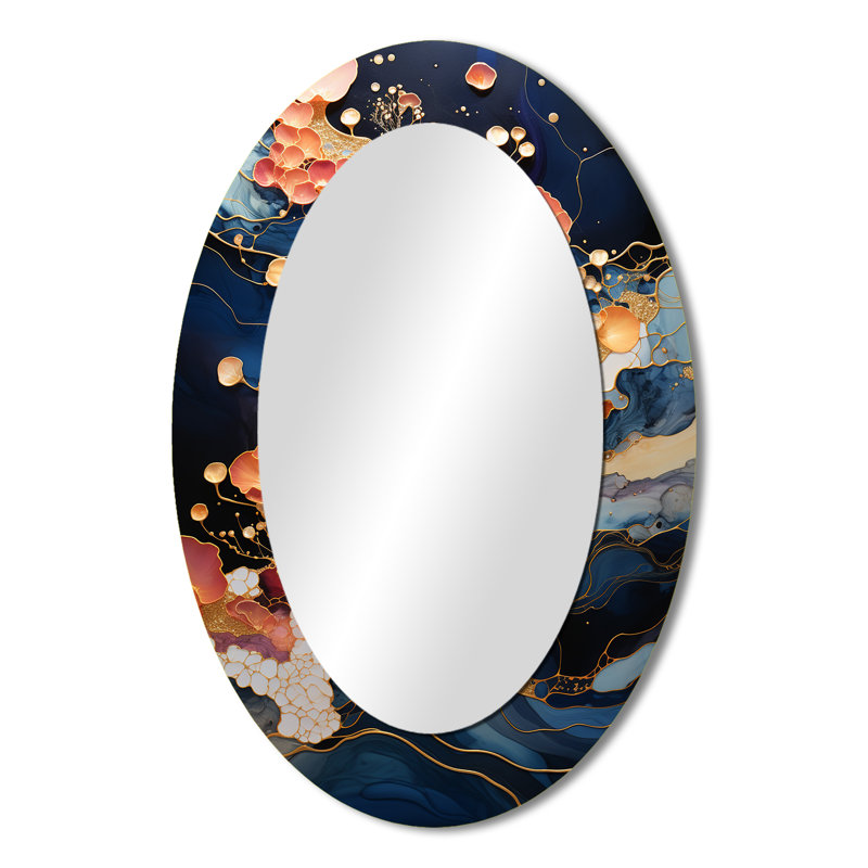 Rose et bleu tourbillonnant, peinture fluide I - miroir mural ovale moderne, 36 po x 24 po
