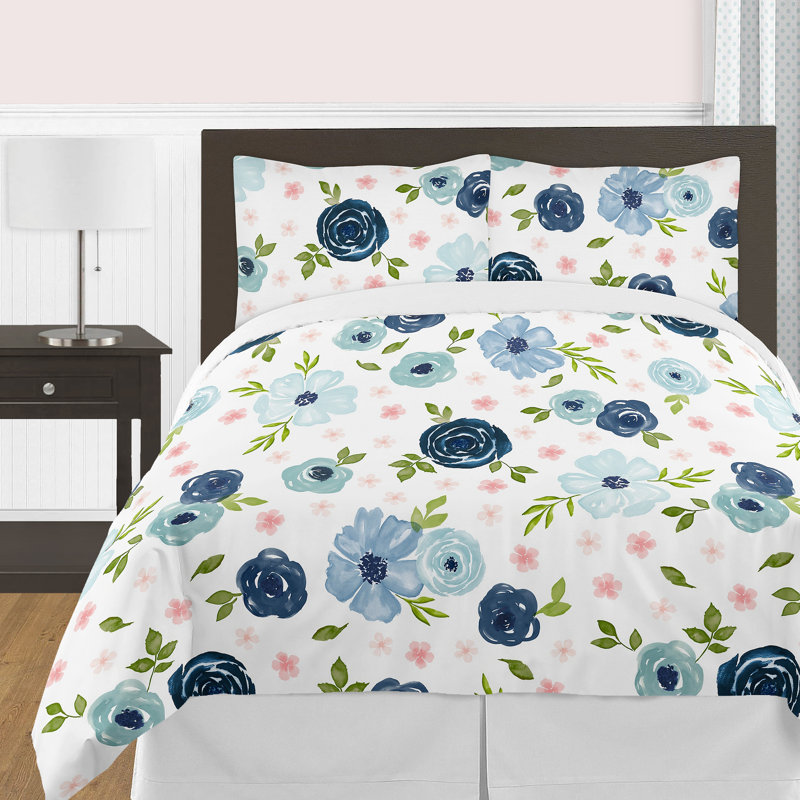 Full Blue Microfiber Floral Comforter Set for Girls