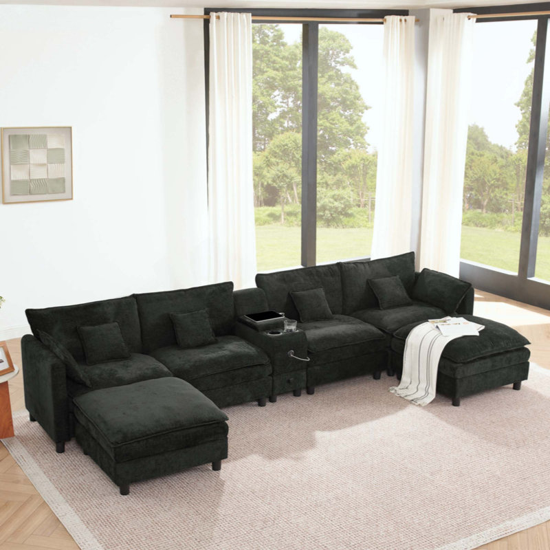 Canapé modulaire modulaire en L avec méridienne réversible, port USB, tiroir de rangement, console avec porte-gobelet rabattable, poches pour accoudoirs et coussins amovibles