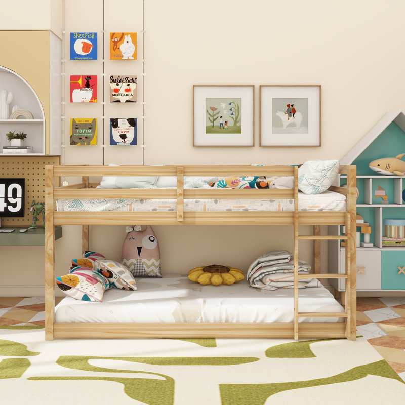 Solid Wooden , Solid Rubber Wooden Twin Over Twin Floor Bunk Bed With Ladder ,Upper And Bottom Bed Platforms Crafted With Strengthened Slats ,Natural