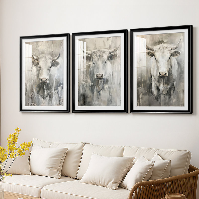 ANIMALS Series Cxxxx - Impression encadrée sur mesure de qualité supérieure - 3 pièces, H 30 po x l 63 po, Noir