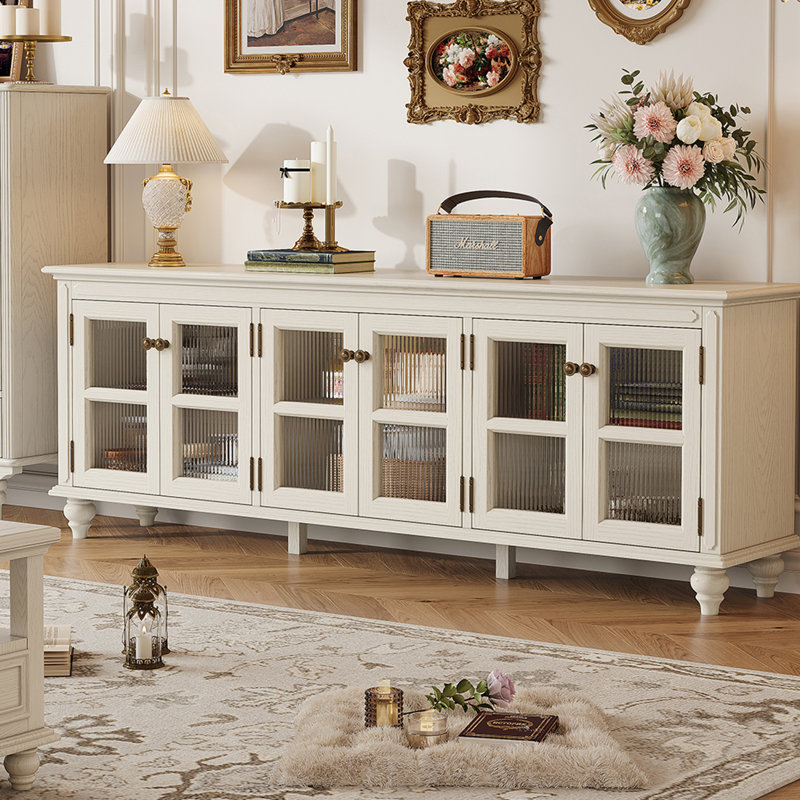 Meuble télé en bois de frêne avec armoires en verre nervuré, H 28,34 po x L 86,61 po x l 15,75 po