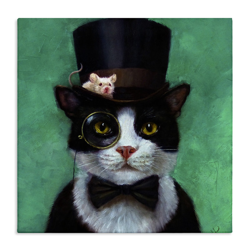 Good Sir Top Hat Cat with a Mouse and A Monocle Panoramic Graphic Art Print Set on Canvas, 17" H x 17" W