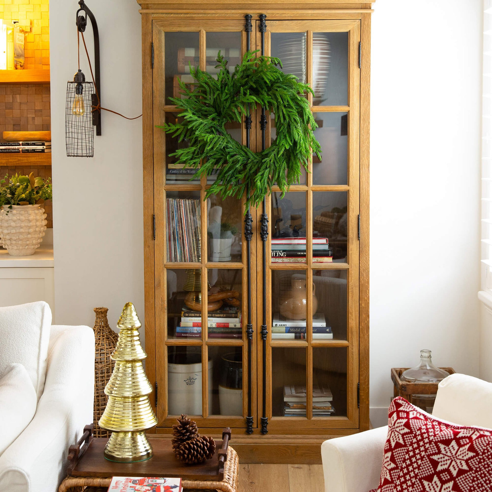 20In. Pre-Lit Artificial Real Touch Norfolk Island Pine Wreath With 35 Warm White LED Lights And Natural Look, Green