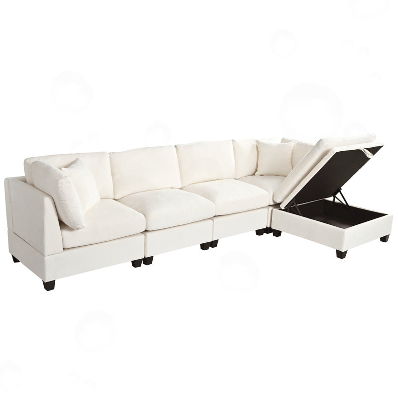 Canapé modulaire avec repose-pieds de rangement amovible, 2 porte-gobelets cachés, Mélange de polyester beige