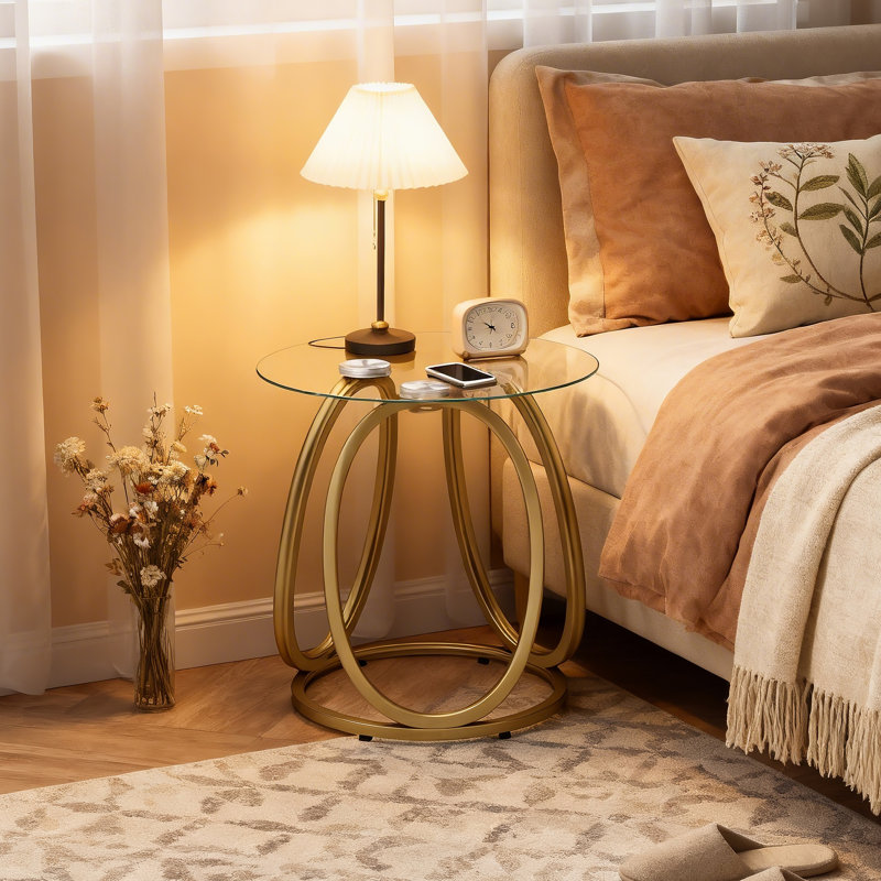 23.6" Round Glass End Table, Modern Style Tall Side Table for for Living Room, Balcony, Bedroom, Matte Gold