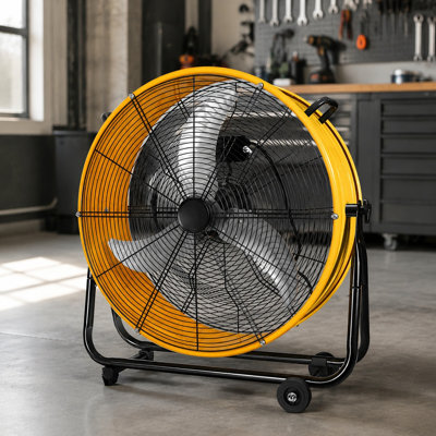 28 in W x 28 in H x 9 in D Yellow Metal Industrial Drum Fan with 3 Speeds and High Air Circulation
