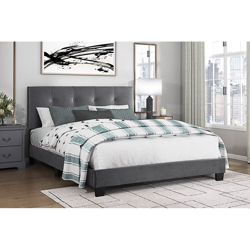 Grand lit plateforme 1pc avec tête de lit tapissier à hauteur réglable, Gris foncé