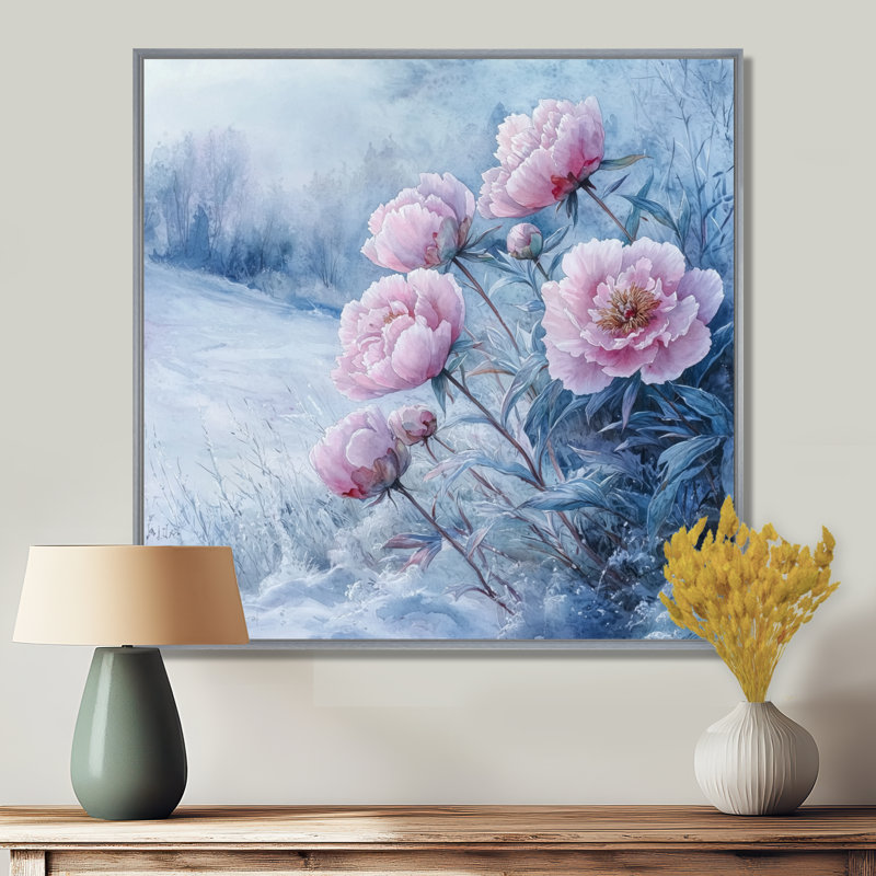 Pivoines dans le champ couvert de givre II - pivoines, art mural, H 30 po x l 30 po, Impression encadrée flottante