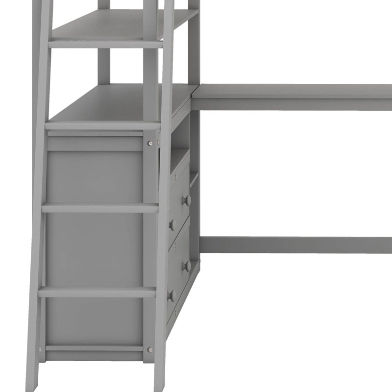 Multifunction Wooden Loft Bed With Desk And Shelves,Two Built-In Drawers, Full, Gray