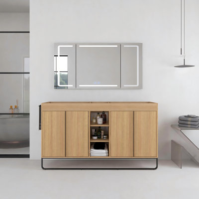 60 Inch Wall-Mounted Bathroom Vanity Base, 4-Soft Close Door & 3-Open Storage Rack