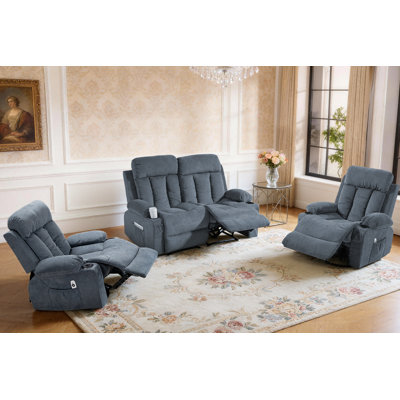 Manual Recliner Sofa Set, 3 Piece Reclining Living Room Furniture Sets with Cup Holders for Home Theater, Office (Blue, Loveseat+Chair+Chair)