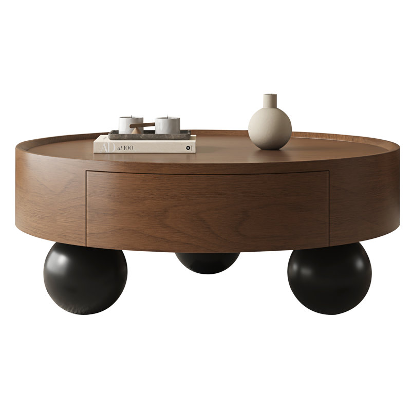 Mid-Century Modern Round Coffee Table with Walnut Finish, Storage Drawer and Black Ball Feet for Living Room