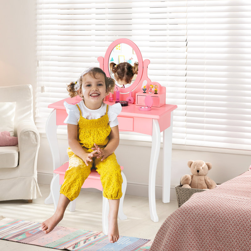 Taren Dressing Table with Mirror, White/Pink