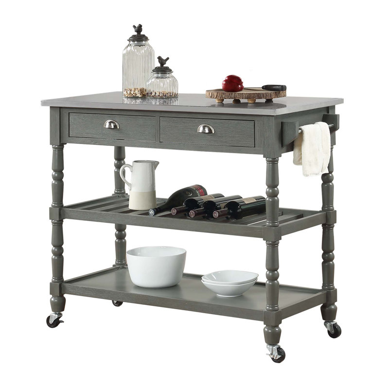 Mayall 45" Kitchen Cart with Stainless Steel Top and Locking Wheels, Gray