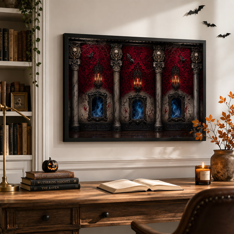 Impression sur toile, colonnes de pierre gothiques avec crânes et damas rouge, H 16 po x l 24 po