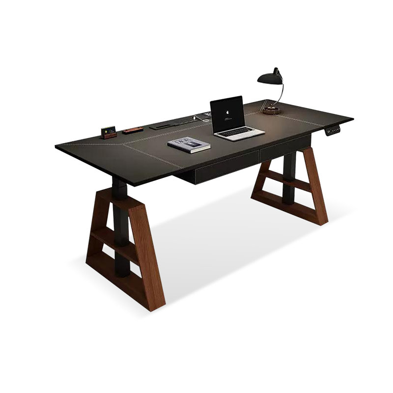 Black + Nut-brown Rectangular Hight adjustable Solid + Manufactured Wood + Steel with 2 drawers desk
