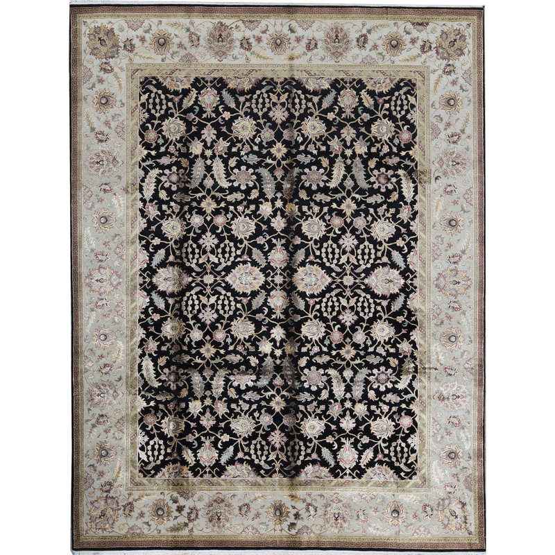 Tapis ivoire et noir noué à la main de haute qualité