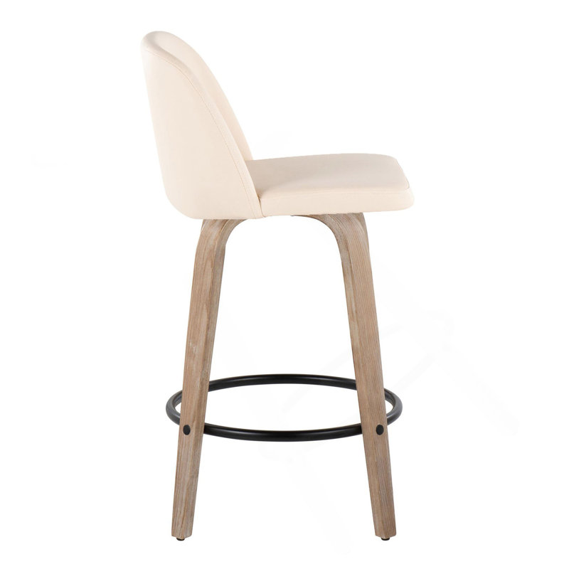 Tabouret de comptoir de style moderne Mid-Century avec pivot en bois blanchi et en similicuir crème avec repose-pieds rond noir en métal de 26 po Toriano par Lumisource - ensemble de 2