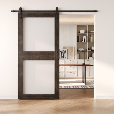Homacer Ebony 32in x 84in 2-Lite Glass Design Unassembled & Finished Barn Door with Non-Bypass Installation Hardware Kit, 5.5ft track, interior use only