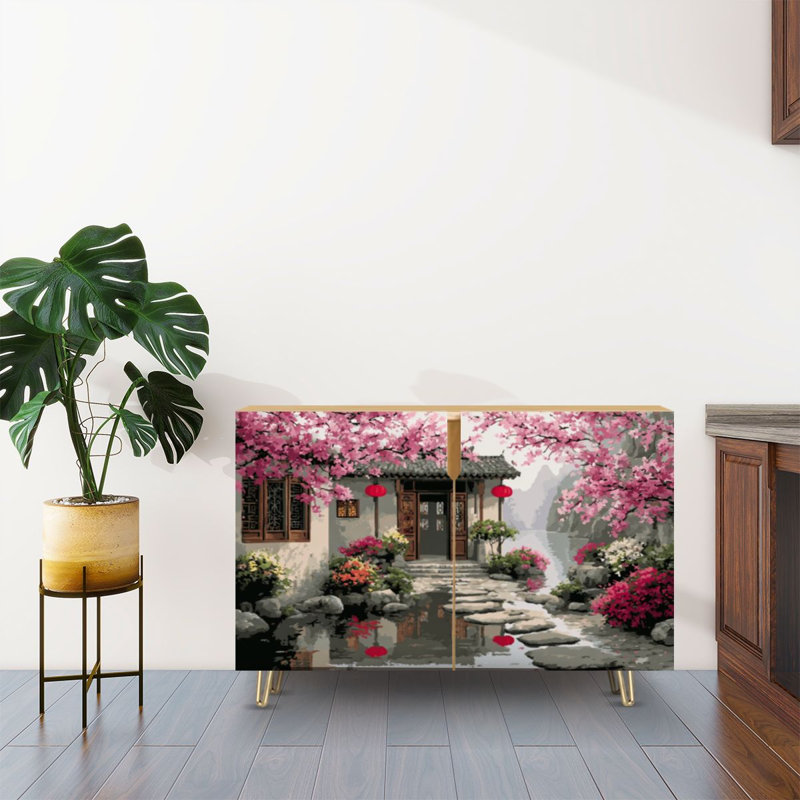 Sideboard Buffet Cabinet with Storage Traditional Chinese Courtyard Cherry Blossoms Red Lanterns Soft Pastel with 2 Doors for Living Room and Kitchen