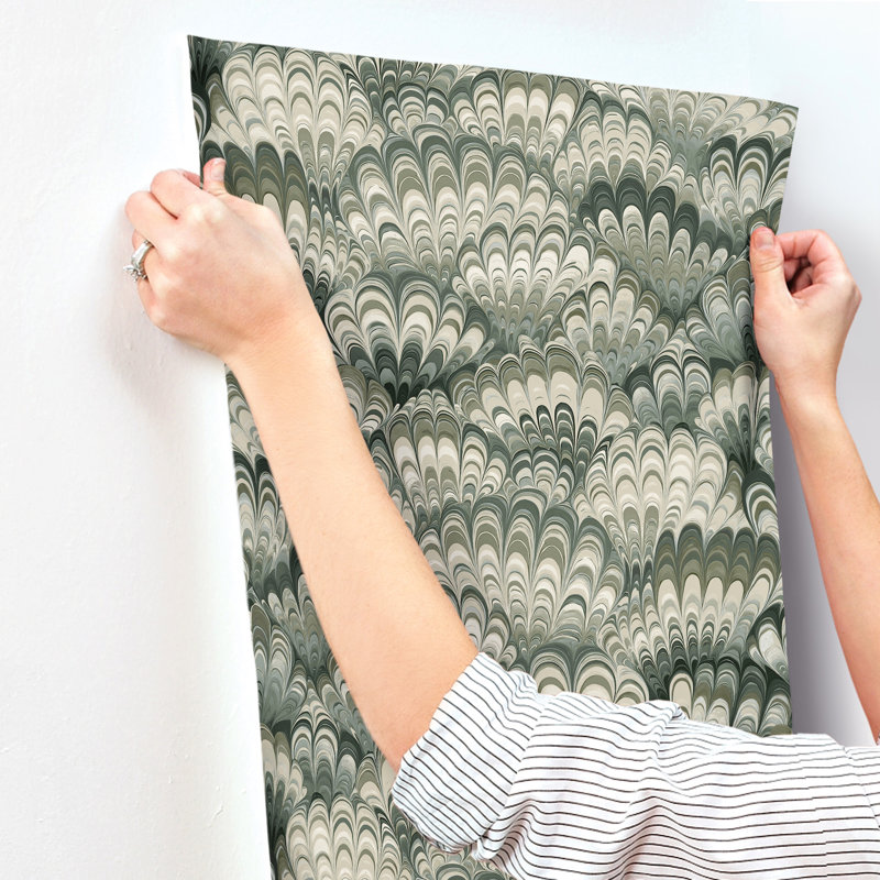 Octavia Dark Green Marbled Ink Wallpaper, Green