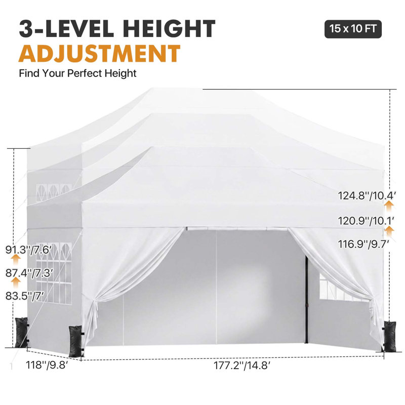 Auvent escamotable robuste 15 pi x 10 pi avec 4 parois latérales et sac à roulettes, White