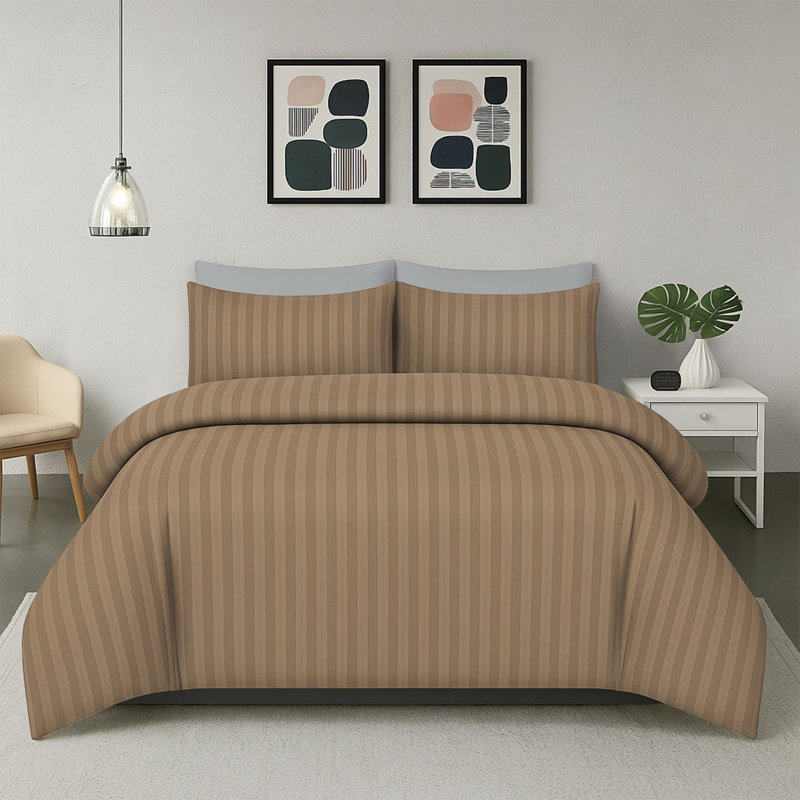 Haffa Microfiber Striped Duvet Cover Set with Pillowcases, Beige, Super King Duvet Cover + 2 Standard Pillowcases