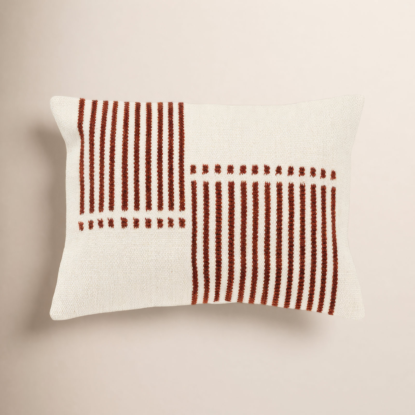 Carlus Striped Cotton Lumbar Throw Pillow, Natural/Terracotta