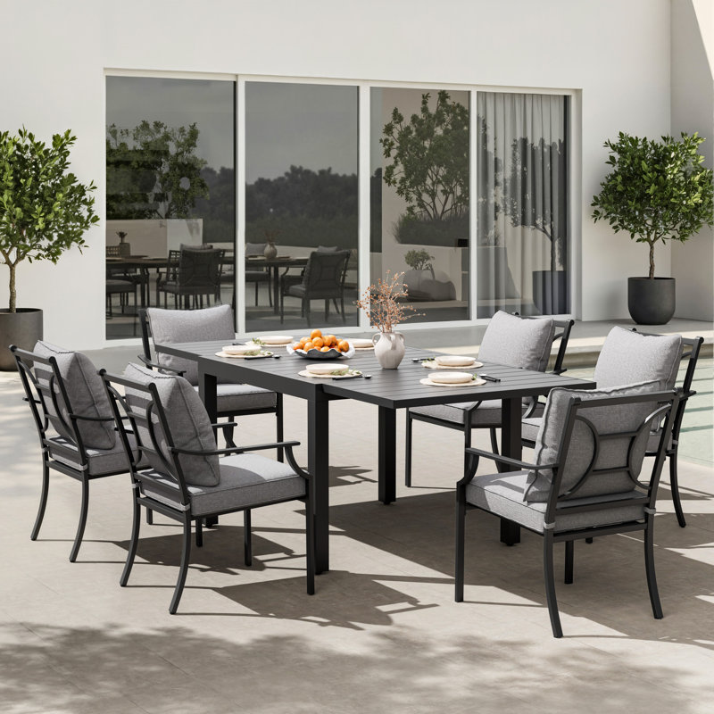 6-Person Outdoor Dining Set With  Extendable Table & Fixed Cushioned Armchairs