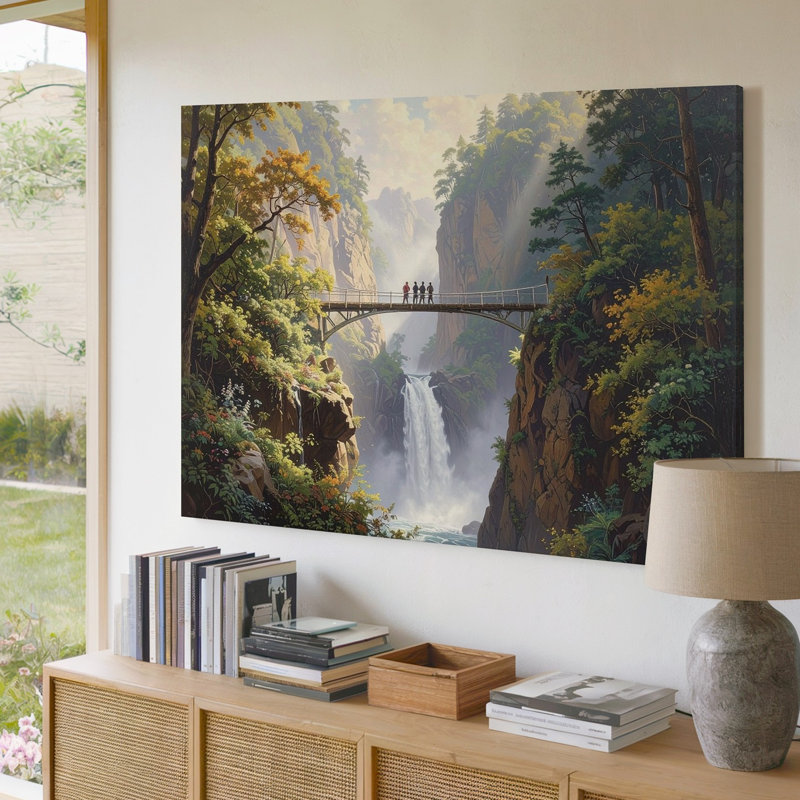 «Misty Waterfall Bridge Canvasserene Forest Gorge Landscape», art mural sur toile, H 18 po x l 24 po
