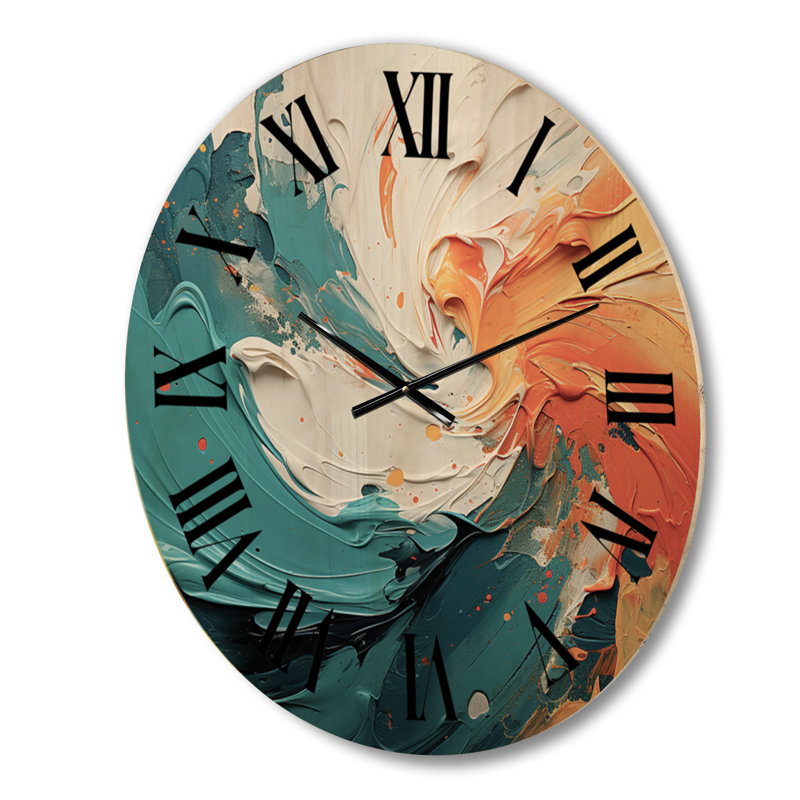 Swirling Marriage Of Electric Amber And Blue I - Abstract Spirals Oversized Wood Wall Clock, Moyenne