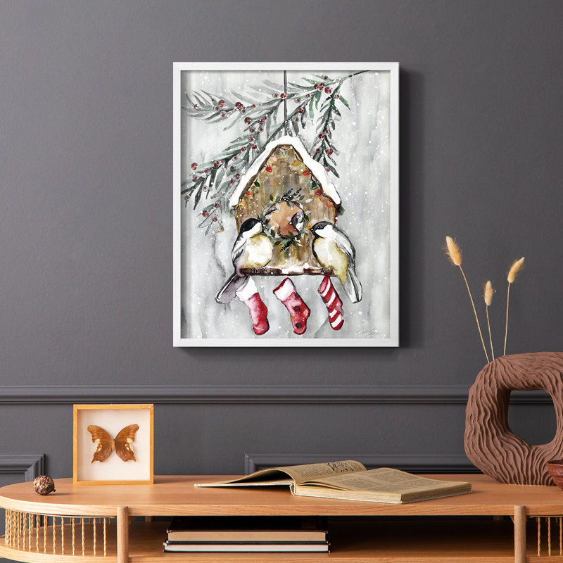 Winter Birds Framed Print - Solid Wood, White, 20" H x 16" W