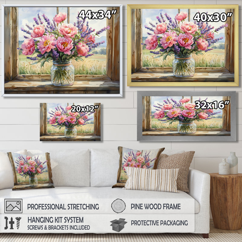 «Country Bloom Bouquet At The Barn I - Assorted Bouquets», art mural, H 34 po x l 44 po, Cadre flottant, Crème, crème