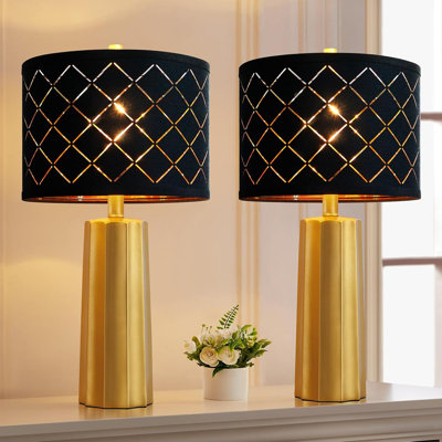 Set Of 2 Modern Table Lamps With Black Grid Shade, Gold Resin Base, Rotary Switch, Includes 2 Led Bulbs For Living Room, Bedroom, Or Office