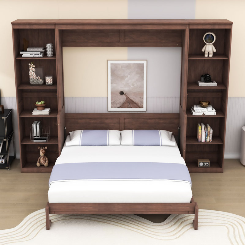 Lit escamotable en bois avec bureau intégré et bibliothèque de rangement, Grand lit