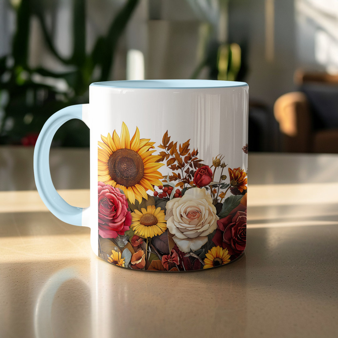Watercolour Floral 11oz Accent Mug, White Ceramic Coffee Cup with a Light Blue Handle & Interior