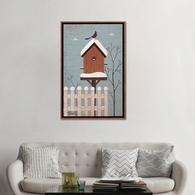 Red Winter Birdhouse - reproduction d'art murale - toile encadrée