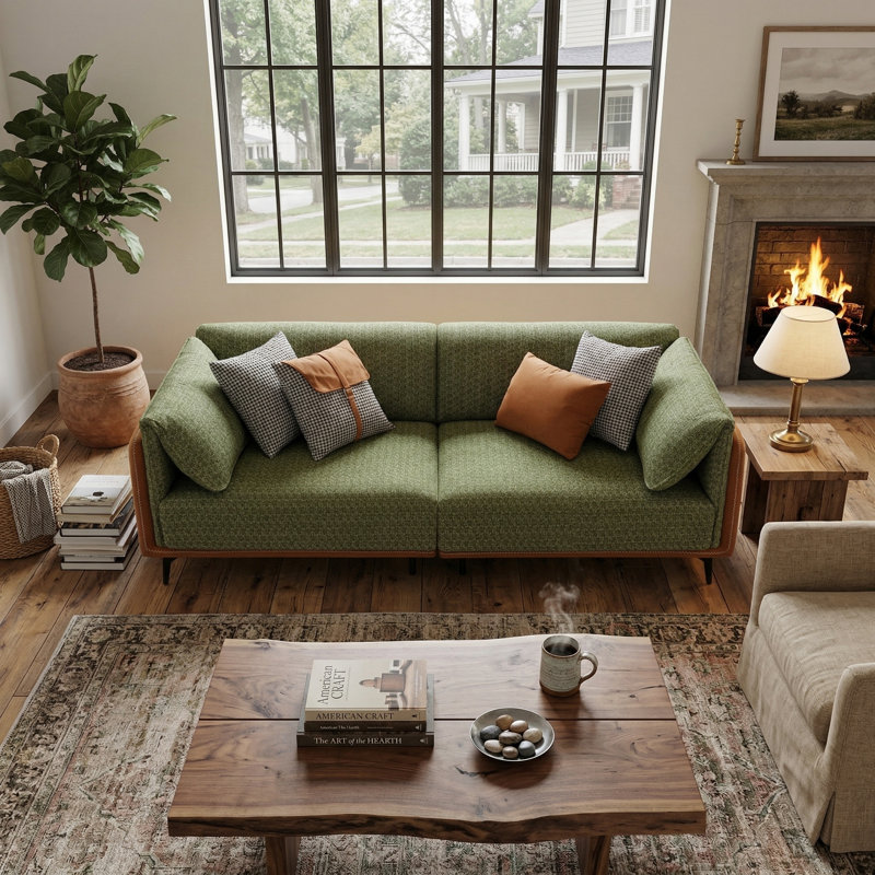 Modern Upholstered Sofa with Foam Cushions and Wood Frame, Green Fabric Living Room Sofa,3-Seat, 3-Seat