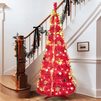 Arbre de Noël 6 pi avec 150 lumières DEL blanc chaud, ornements inclus - 4 rubans, arc, fleurs, flocons de neige, pommes de pin et boules - Assemblage facile et décoration de Noël peu encombrante
