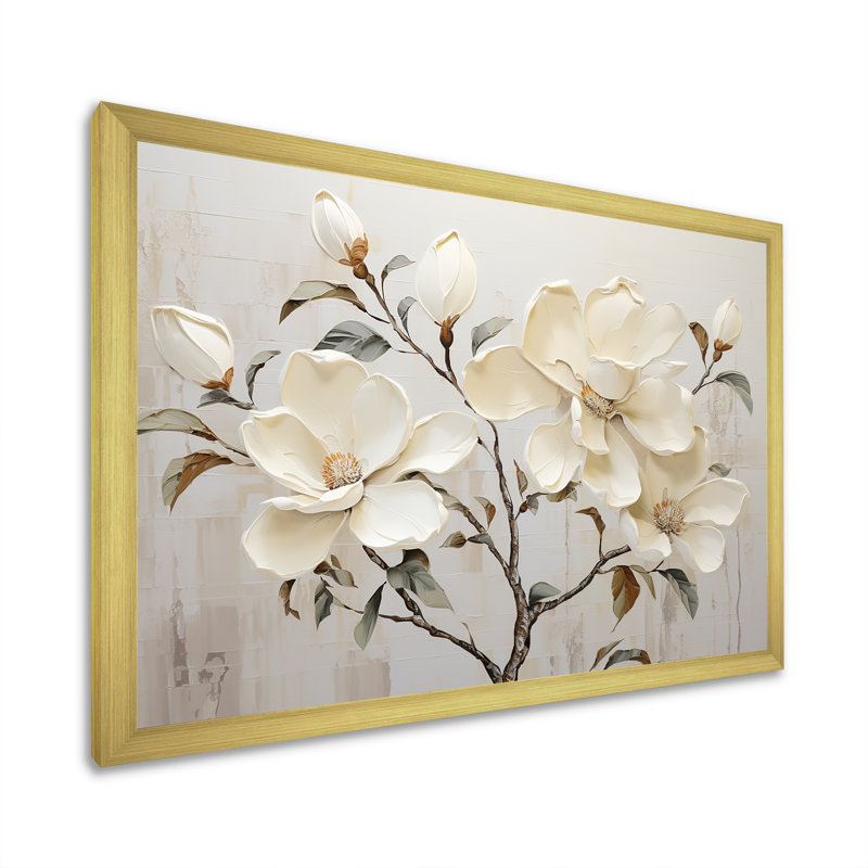 Fleur de magnolia beige et vert - art mural Magnolias, H 24 po x l 32 po x P 1 po, Cadre doré simple