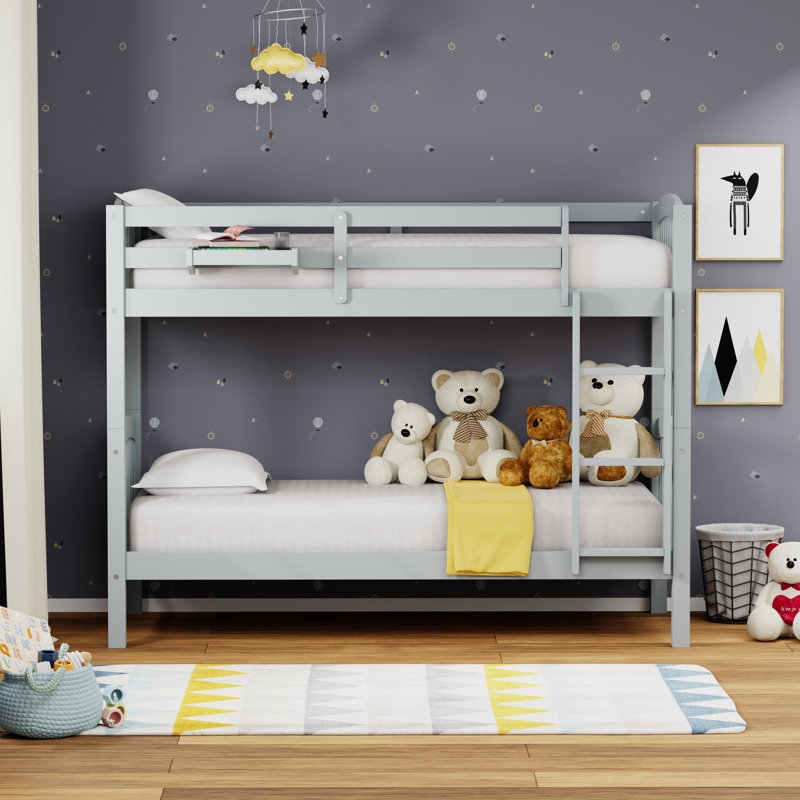 Kinnison Solid Wood Twin Over Twin Bunk Bed and Hanging Nightstand, Light Gray