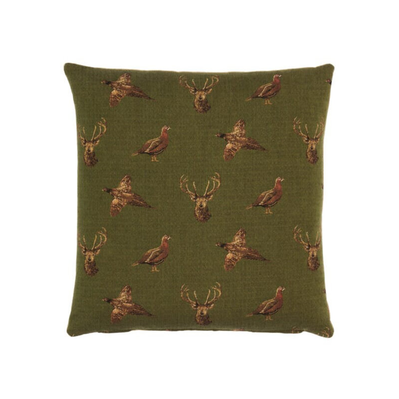 Highland Green Tapestry Cushion with Feather Filler 