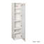 Armoire de rangement verticale haute avec porte vitrée et six étagères pour un salon bien organisé.