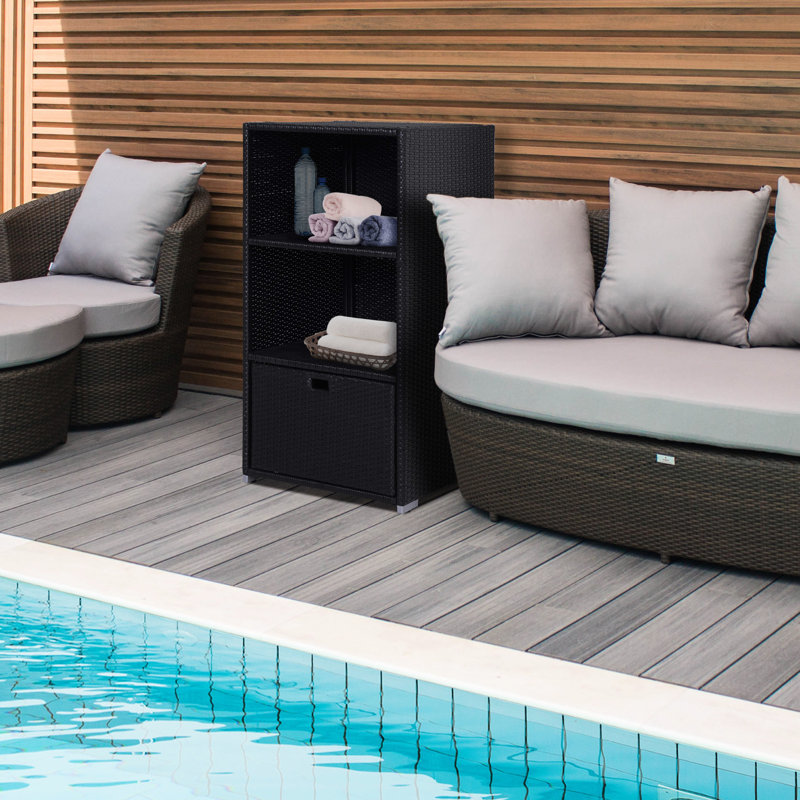 Spa Storage Rack With Basket, Shelf, And Drawer - Waterproof 2 Shelves, For Indoor Outdoor Use, Brown Poolside Organizer Basket , Hot Tub, Dark