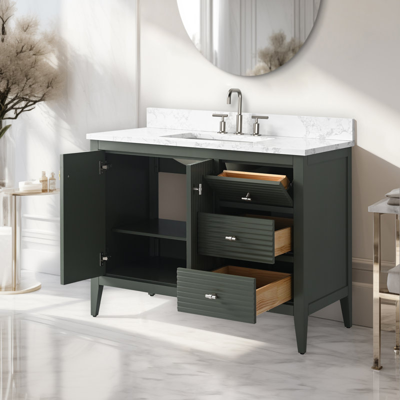 Meuble-lavabo simple 42 po avec plateau en marbre, Nickel brossé, Linéaire vert rétro