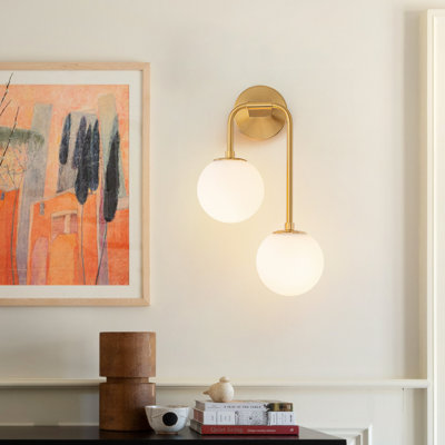 2-Light Brass Wall Sconce With Frosted Glass Globes