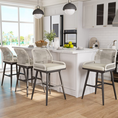  Bar Stools Set Of 2, Rattan Counter Height Bar Stools, 26" H Swivel Patio Barstools With Boho Woven Rope Back For Kitchen Patio Garden Cushions Included,