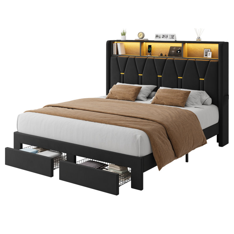 Lit plateforme tapissier moderne en velours avec tête de lit à oreilles, station de charge, lumières DEL et 2 tiroirs, Black