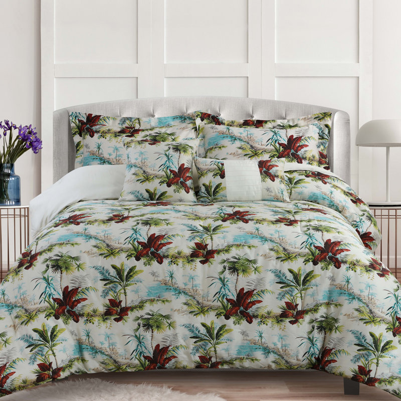Paradise Island Comforter Cotton Ring Stitch Floral Comforter, Full Comforter + 2 Shams + 2 Throw Pillows